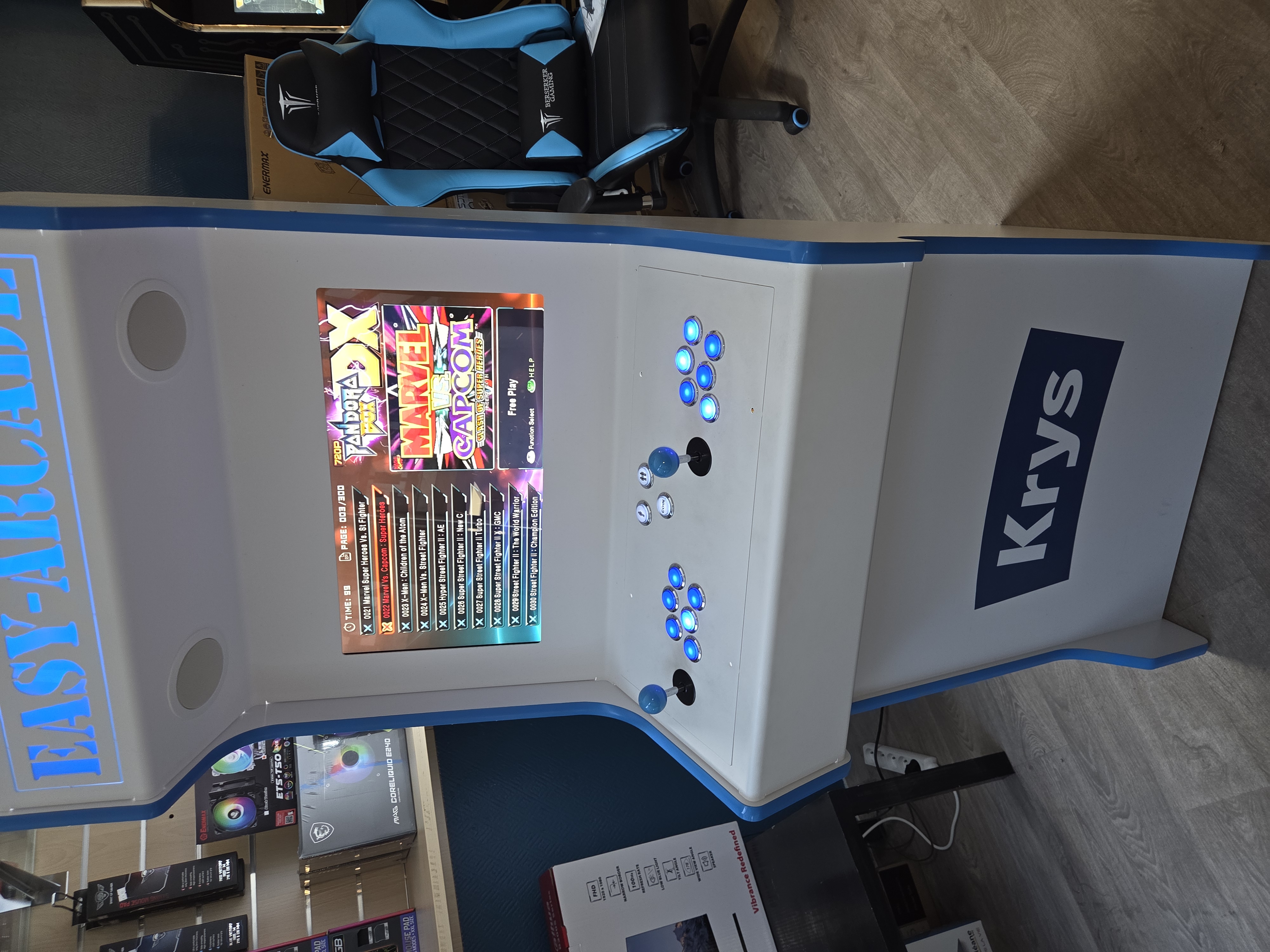 Borne arcade personnalisée Krys aux couleurs corporate bleu et blanc